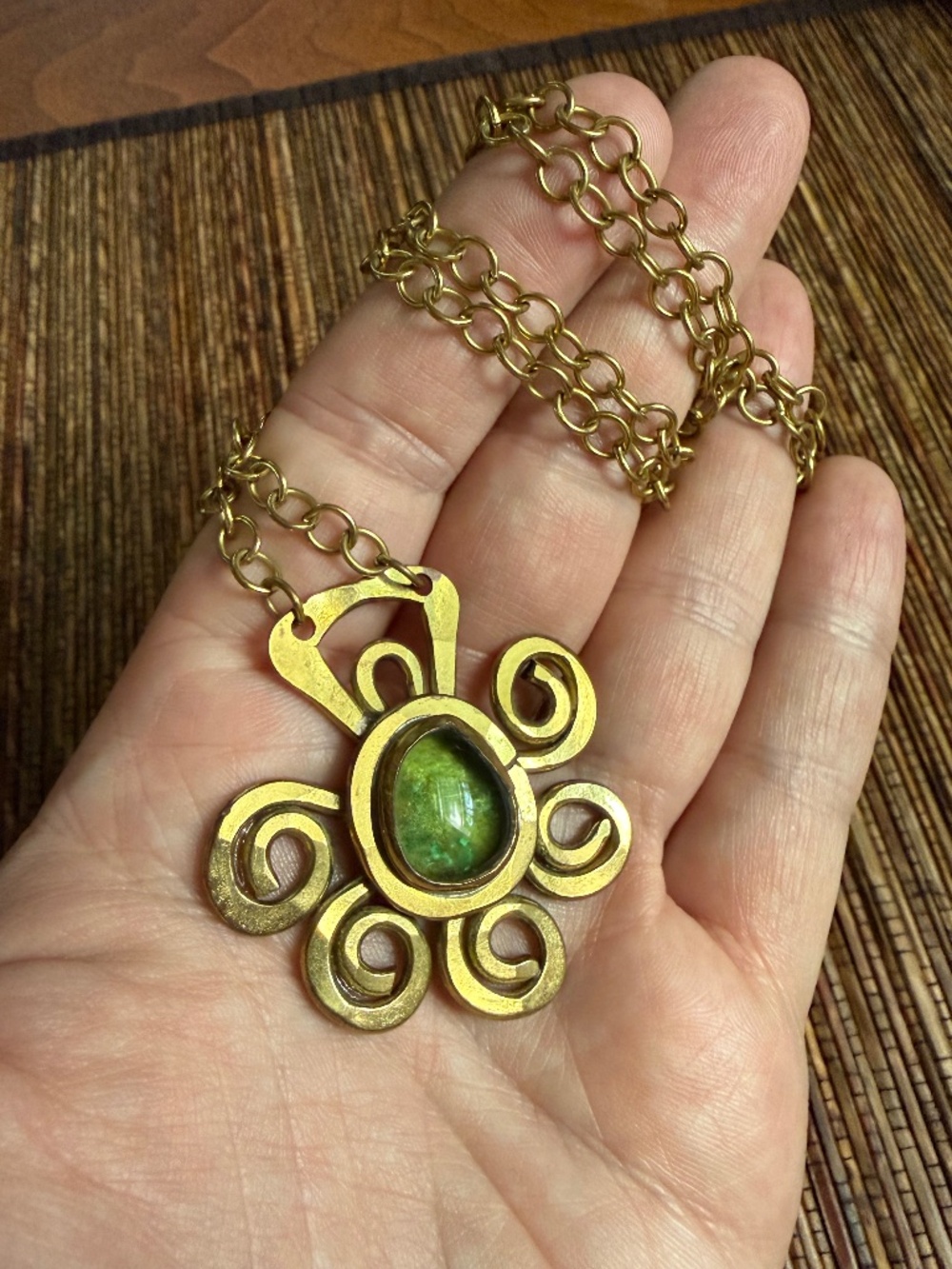 Rafael Canada Sun Necklace Brass Glass Modernist Brutalist Alfandary MCM Floral